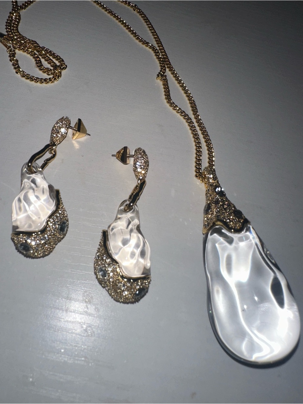 Alexis Bittar Gold and Clear Sculpted Glass Pendant Necklace & Earring Set